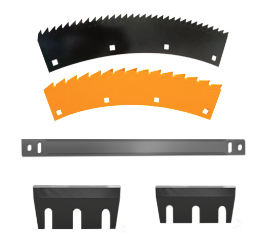 Silage and forage blades — curved serrated, straight bar, and double-notch profiles